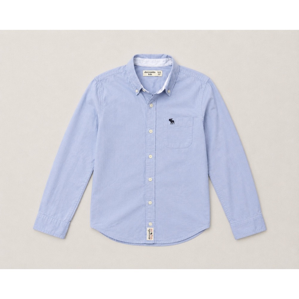 Abercrombie Kids Boys Light Blue Oxford Button Down Shirt Size 11/12 Moose Logo